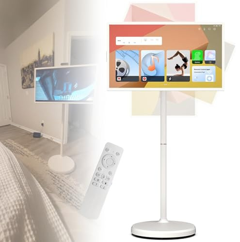 Portable TV Smart Screen with Remote Control, Mobile TV Stand | Standing Touch Screen Monitor |Wireless Rolling TV on Wheels | Built-in Battery Full Swivel Rotation White-8+128G