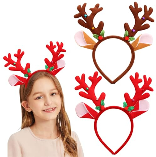 WeddHuis 2 pezzi Fasce Natalizie, Cerchietti e Fasce per Capelli di Natale, Cerchietti di Natale con Corna, Natalizi Headband Bambina, Archetto con corna di renna