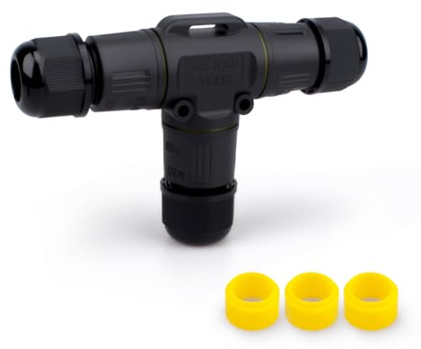 Innfeeltech 1 Stück T-förmige wasserdichte Verbindungsklemme für Außenkabel, M20 Kabelkuppler Schraubklemme, 3-polig für 5 bis 8 mm Kabel, mit 3 Stück austauschbaren Kabelklemmen und Gummidüsen