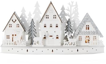 Pre-Lit Wooden Village – White, 40 cm, 10 Warm White LED Lights, Battery Powered