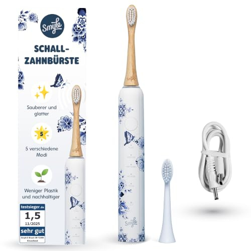 Smyle Zahnbürste - Schallzahnbürste mit Sensor – Elektrische Zahnbürste mit 4 Monate Akku, 40.000 Vibrationen/min, 5 Modi, Timer, USB-C, 2 Bürstenköpfe, wasserdicht – Delfter Blau-Muster