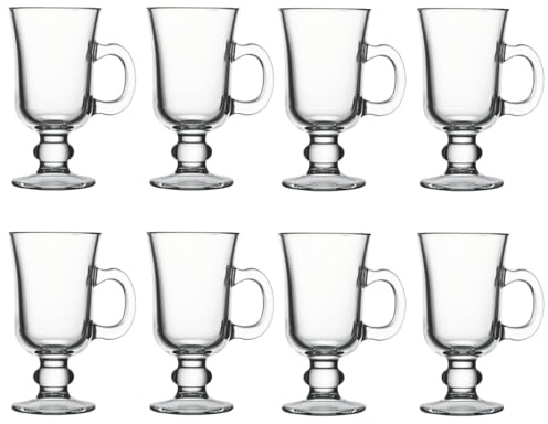 UNIQUE HOME LIVING Irish Coffee Glasses, Set of 8 Latte Glasses, 200ml Coffee Mugs with Handle, Footed Design for Ice Cream Latte Cappuccino Hot Drinks Chocolate Espresso Cocktails