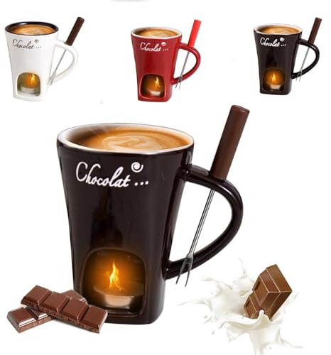 Chocolate Fondue Mug Set with Forks, 200ml Ceramic Melting Cup for Chocolate, Cheese & Caramel, Personal Fondue Warmer for Hot Chocolate, Dipping, Birthday Gift (B)