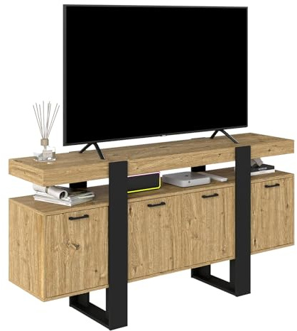Songvas TV Schrank 160cm, Lowboard für Fernseher bis zu 65 Zoll, mit 2 Schubladen und 2 Türen, Fernsehschrank, geeignet für Wohnzimmer/Chambre, Anti-Eiche + Schwarz, 160x40x80cm