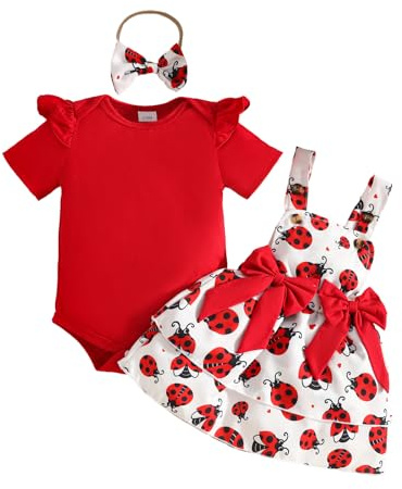 UUAISSO Ensembles Jupe Nouveau-né Fille Haut à Manches Courtes et Jupe à Bretelles à Nœud Papillon Vêtements D'été Bébé Fille