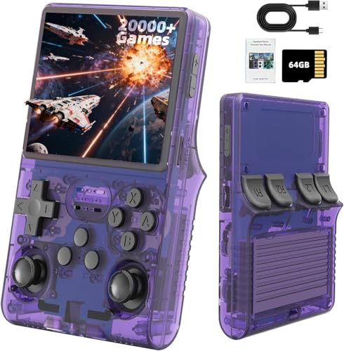 Handheld Game Console with 22000+ Games, 128GB Memory Card, Purple Transparent, USB Charging Cable Included, 4.0 Inch IPS Screen, 4000mAh Battery, Linux System, 30+ Emulators