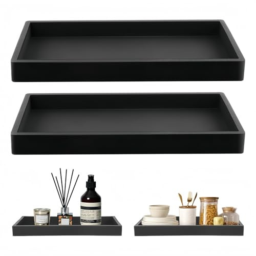 2 Stück Badezimmer Tablett, 20 x 10 cm Rechteckige Tabletts Schwarz Silikon Ablageschale rutschfest Bad Tablett für Wohnzimmer, Schlafzimmer, Badezimmer, Kommode