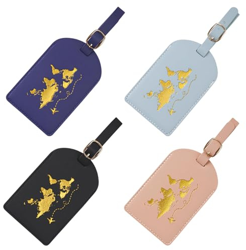 Kofferanhänger 4 Stück aus PU-Leder mit Schnalle, Gepäckanhänger Set für Koffer und Reisetaschen, Koffer- & Taschenanhänger mit Weltkarten-Prägung, Mehrfarbig