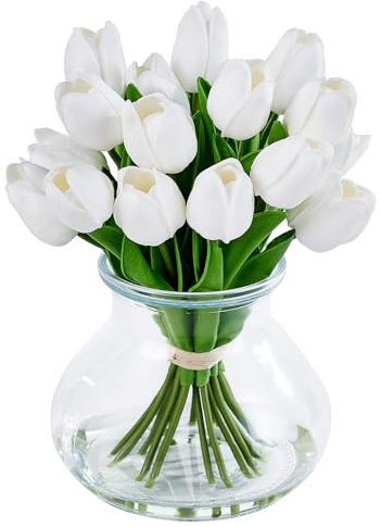 VeriNatural Artificial Tulips in Glass Vase 26cm, White Faux Flowers | Real touch silk bouquet for indoor home decor, wedding table, spring floral arrangement and small plant display
