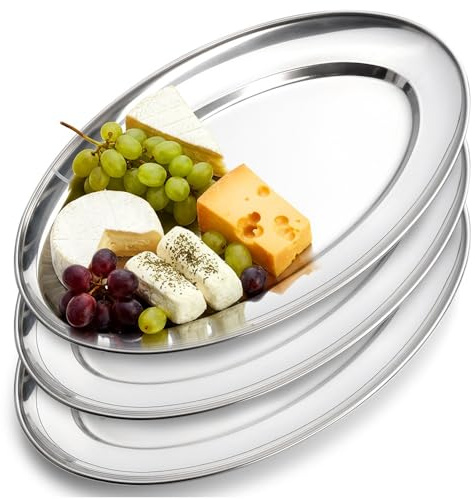 Vilde Set di 3 piatti da portata ovali, 32 x 20 cm | in acciaio inox lucido, vassoio da portata per buffet snack, frutta, carne, piatto da portata per cucina e ristorazione
