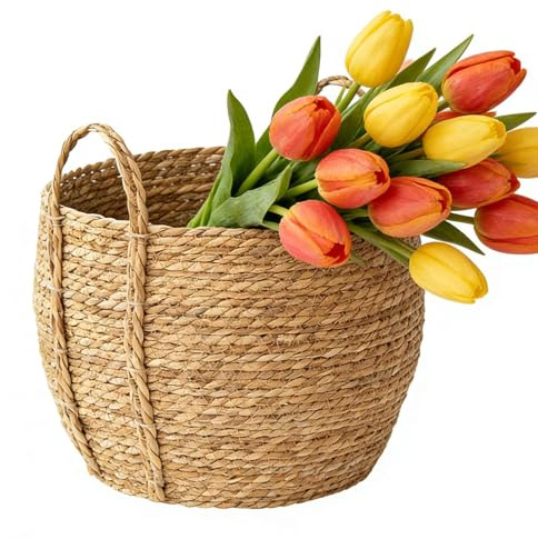 Cesta Para Macetero Tejida De Ratán – Contenedor Decorativo De Mimbre Para Plantas, Soporte Para Macetas De Pie Con Asa Para Almacenamiento En Interiores Y Exteriores, Plantas, Hogar, Sala De Estar, B