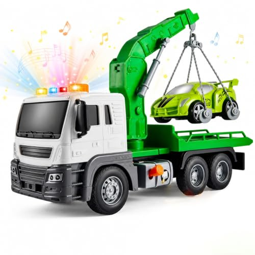 SGM Crane Truck Toy with Lights and Sounds – 1:16 Friction Powered Construction Truck with Lifting Crane & Race Car – Kids Tow Truck Vehicle Toy, Birthday Gift for Boys Girls Ages 3 4 5 6 7 8 – JS106