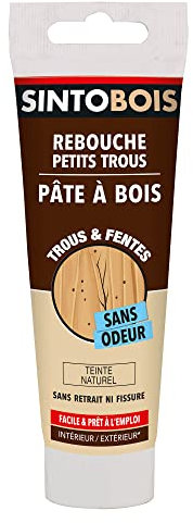SINTOBOIS - Rebouche Petits Trous - Pâtes à Bois Sans Odeur - Prêt à l'Emploi - Sans Solvant - Sec en 4h - Intérieur et Extérieur - Ne se Rétracte pas - Ton Naturel - Technique Professionnelle - 80 g