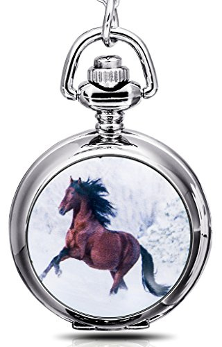 Unendlich U schön weiß Pferd Anhänger mit Spiegel innen Quarz Taschenuhr Halskette mit Lange Kette für Damen/Herren/Mädchen/Junge/Kinder
