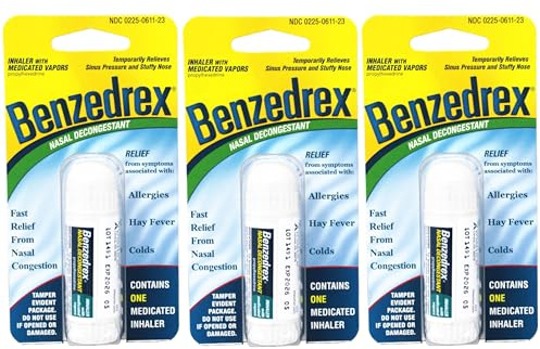 Benzedrex Nasal Decongestant Inhaler – Medicated Vapor Relief for Sinus Pressure, Nasal Congestion, Allergies, Hay Fever & Colds (Pack of 3)