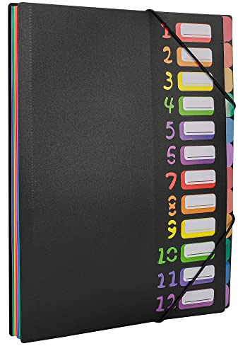 Edufun Rainbow Tab Expanding File Folder - 24 Pockets, Durable A4 Letter Size Organizer, Water-Resistant Plastic Dividers, Home/Office/School Document Holder (Black)
