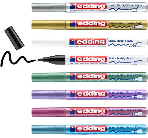 edding 751 Glanzlackmarker Set - schwarz weiß gold silber blau grün violett pink (metallic) - 8 Stifte - Rundspitze 1-2mm - Lackstift für Glas Stein Holz Kunststoff Papier - wasserfest, stark deckend