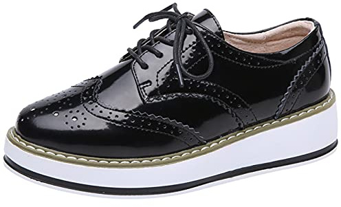 ANUFER Damen Schnüren Brogues Turnschuhe Beiläufig Plattform Creeper Schwarz Patent SN02887 EU38.5