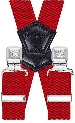 Decalen Mens Braces with Very Strong Metal Clips Wide 4 cm 1.5 inch Heavy Duty Suspenders One Size Fits All Men and Women Adjustable and Elastic X Form (Red)