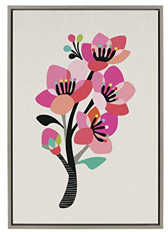 Kate and Laurel Sylvie Mid Century Modern Cherry Blossoms Framed Canvas Wall Art by Rachel Lee of My Dream Wall, 23x33 Gray, Decorative Flower Art for Wall