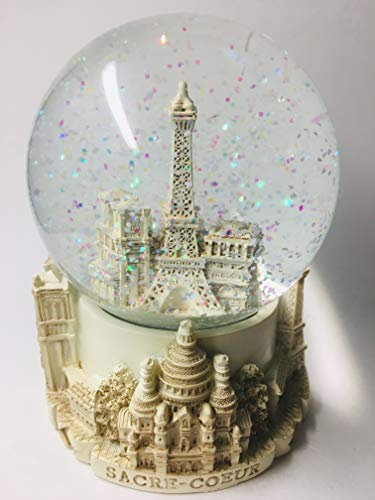 VIANAYA Boule de Neige Paris Tour Eiffel - Base résine avec Monuments en 3D et Globe en Verre avec Paillettes Scintillantes -Couleur Ivoire- Taille Moyenne (Hauteur 11CM)