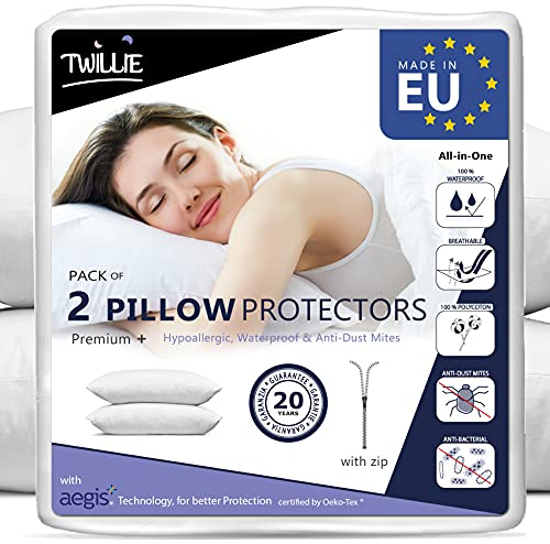 Twillie Kissenbezug Wasserdichter 40x80 cm (Set mit 2 Stück) - Aegis® - Öko-TEX® zert. – Kissenschoner mit Reißverschluss – Kissenschutzbezug Atmungsaktiv, Hypoallergen, Anti-Milben, Antibakteriell