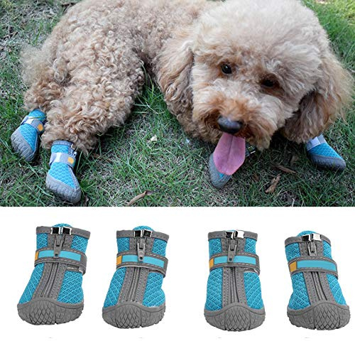 Hundskor skor, husdjur hund sommarskor skor booties med andningsbar utomhusnät halkskydd gummisulor förhindrar repor slickar(#4-Lake blue)
