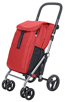 Carlett - Einkaufswagen, Faltbarer Supermarkt-Trolley, mit 4 regenfesten Rädern und einem großen Fassungsvermögen von 25kg, Haupttasche 53L, Thermotasche 9L und Hecktasche - Farbe Rot