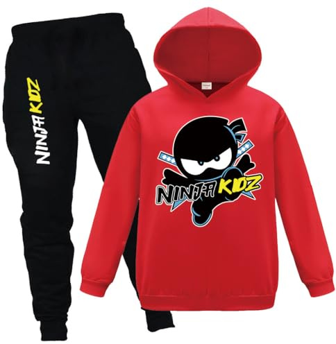 Ninja Kidz Survêtement 2 pièces pour garçons et filles avec sweat à capuche et pantalon de jogging, Rouge, 5-6 ans