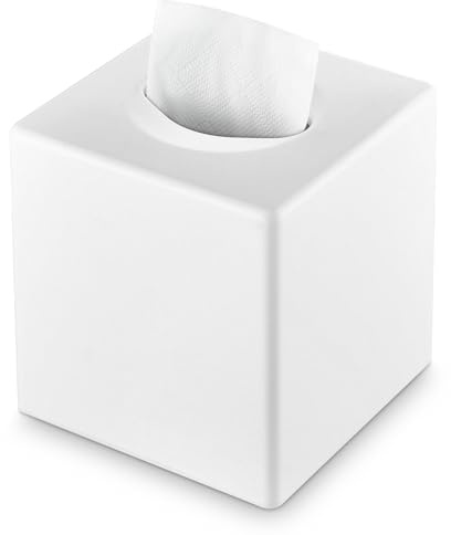 Y-in Hand Tissue Box Cover, Square Facial Tissue Holder Storage for Bathroom Vanity, Countertops, Dressers, Night Stand, Parlors and Offices - White