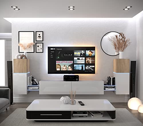 Furnitech Wohnwand Wohnzimmer | Hängend Wohnwand Modern | Wohnzimmer Schrankwand mit Regale und TV Schrank | Wohnzimmer Möbel ohne LED (AN104-21SW-HGM14-1A)