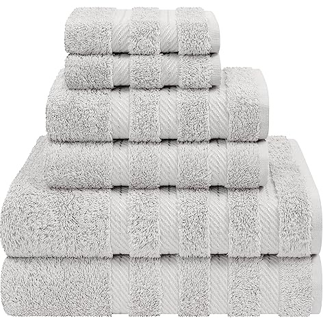 American Soft Linen Luxury 6 Piece Towel Set, 2 Bath Towels 2 Hand Towels 2 Washcloths, 100% Turkish Cotton Towels for Bathroom, Silver Gray Towel Sets