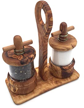 Lot de 3 moulins à sel et à poivre avec support - Broyeur manuel - En bois d'olivier transparent - Fait main - Cadeau unique