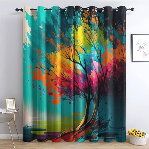 TAKUAN Baum Vorhänge Verdunklung svorhänge mit Muster Bunt, Vorhang Blickdicht mit Ösen Gardinen Wohnzimmer Schlafzimmer Kinderzimmer Dekoration 2er Set-220 x 140 (H X B)