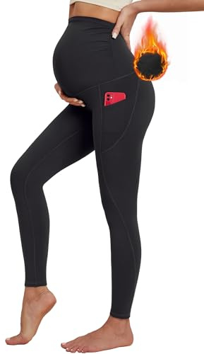 Ewedoos Fleece Lined Maternity Leggings with Pockets Shirred Sides Warm Pregnancy Leggings Over The Belly Thermal Yoga Pants Black
