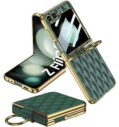 Miimall Lederhülle Kompatibel mit Samsung Galaxy Z Flip 5 Hülle mit Kameraschutz+Ring Ständer Galvanisierter Rahmen Stoßfest Handyhülle für Galaxy Z Flip 5-Wald Grün