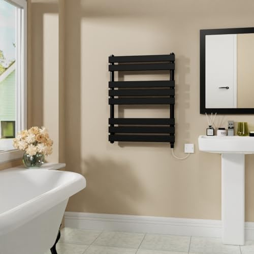 Warmehaus Electric Flat Panel Heated Towel Rail Black 800x600mm 400W | Prefilled, Bathroom Ladder Radiator Warmer, Electric Towel Radiator, Wall Mounted, Mild Steel, Energy Efficient