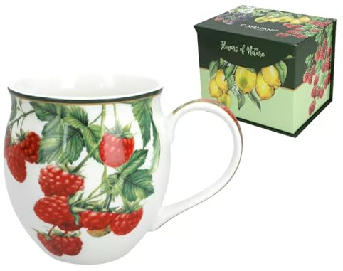 CARMANI - Taza grande de barril para té, café, chocolate caliente en caja de regalo, decorada con rapsberries 450 ml