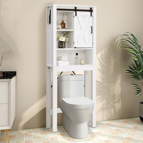 COSTWAY Meuble WC au-Dessus de Toilettes en Bois 3 Étagères avec Porte Coulissante, Meuble de Rangement Industriel de Salle de Bain avec Dispositif Anti-basculement, 68 x 22 x 171 cm, Blanc