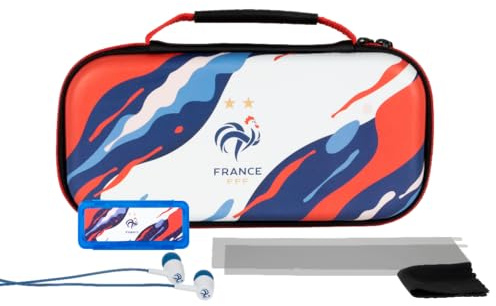 Konix FFF Pack d'accessoires Gaming Starter Kit Nintendo Switch, Switch Lite et Switch OLED - Housse - Écouteurs - Motif Vagues Bleu, Blanc et Rouge