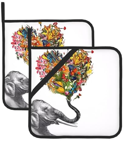Presina a forma di elefante con fiore a forma di cuore, per barbecue, presine resistenti al calore, cuscinetti caldi, cottura al forno (confezione da 2)