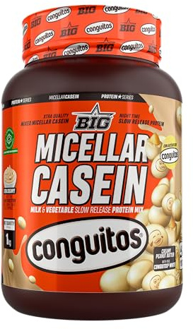 BIG - Caseina Micelar - Caseina Proteina de Liberación Sostenida para Recuperación y Masa Muscular - Baja en Grasas y Carbohidratos con Textura Cremosa (Con toppings (trocitos), Conguitos White)