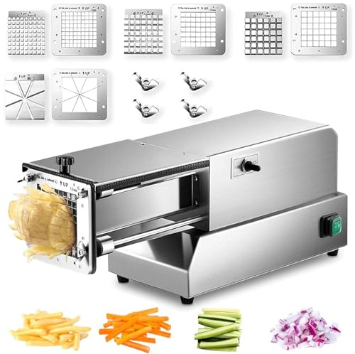 HNBYLMM Elektrischer Pommes-Frites-Schneider, Kommerzieller Kartoffelschneider aus Edelstahl mit 8 mm,10 mm,12 mm und Keilklinge, Pommes-Frites-Schneider für Kartoffeln, Karotten, Gemüse,Silver