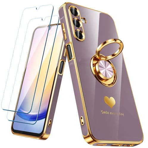 Nonional for Samsung Galaxy A25 5G Case with 2 Pack Screen Protector, 360° Rotatable Ring Holder [Luxury Hearts Pattern] Plating Gold Edge Slim Soft Phone Cover Case for Galaxy A25 - Light Purple