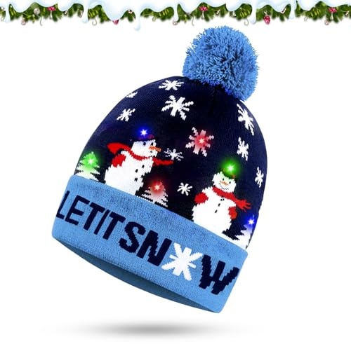 Weihnachtsmützen, LED-Weihnachtsmütze, Weihnachtsmütze Kinder, Leuchtend Weihnachtsmützen, Weihnachtsmüt Einheitsgröße für Erwachsene und Kinder, Strickmütze Geschenke für Weihnachts(Schneemann)