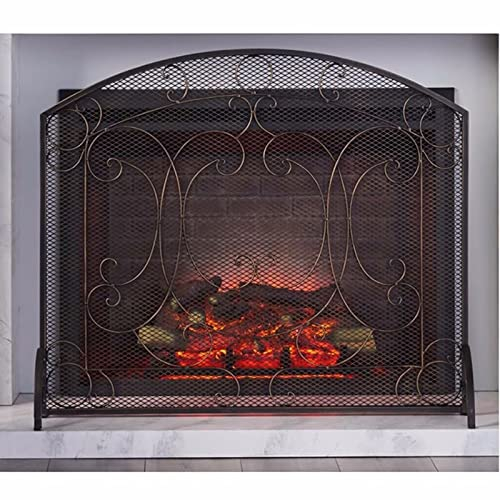 ASumPio Funkenschutz Für Kamine Mit Einzelplatte, Ofenvorhang In Antikbronze Für Flammenofen/Holzkohlefeuer, Gitter Aus Schmiedeeisen, 92×78Cm,
