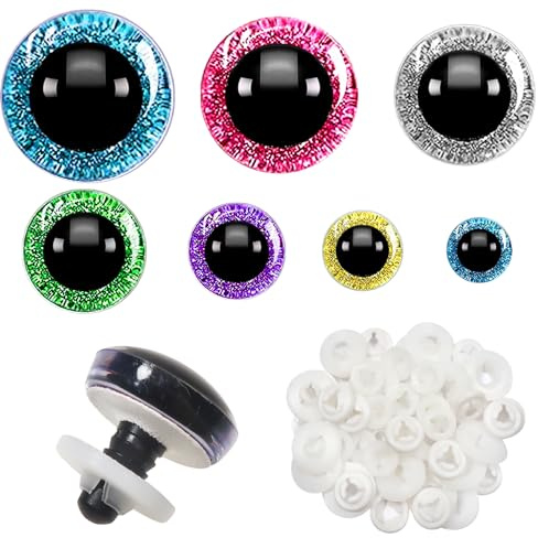 TOAOB 52 Stück Sicherheitsaugen für Häkeltiere 12 bis 30 mm Glitzer Bunt | 5 Farben Kunststoff Augen, Sicherheitsaugen mit Unterlegscheiben für DIY Basteln, Marionette Puppenherstellung Tieraugen