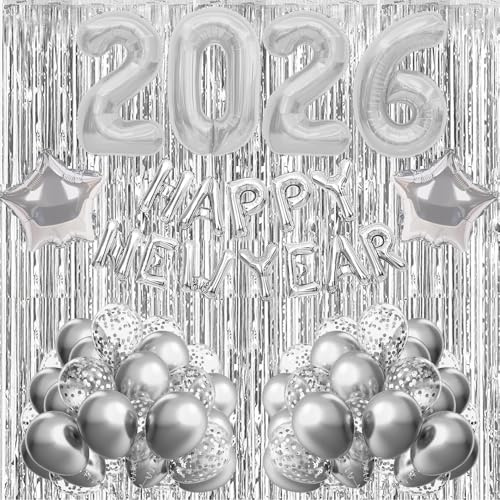 Happy New Year Deko 2026, Silvester Dekoration 2026, Happy New Year 2026 Folienballon Banner, Silber Lametta Vorhang, Silber Konfetti Luftballons für Silvesterpartydeko Neujahrsdeko Accessoire