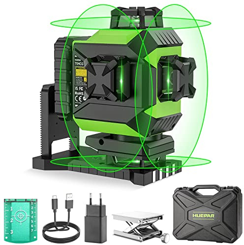 Huepar 4 x 360° Laser Level Green 4D Self-Leveling Cross 16 Lines Lazer Level Three-Plane Leveling and Alignment Laser Tool, Rechargeable Li-ion Battery with Type-C Charging Port & Hard Carry Case