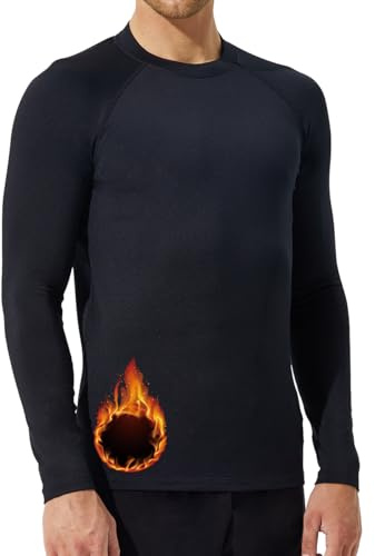 SURFEASY Termisk skjorta herr långärmade termounderkläder herr fleece foder långärmad termotopp sportskjorta för fotboll skidor vinteraktiviteter, svart, XL